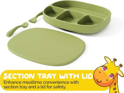 Toddler Necessities Baby Feeding Essentials Set for Baby in Green Color with Baby plates with Suction and Silicone Utensil Set - (3 Pieces)