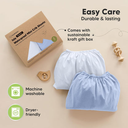 2-Pack Waterproof Pack and Play Sheets, Mini Crib Sheets Fitted for Boy, Girl - 38 x 26 Viscose from Bamboo Pack N Play Mattress Sheets for Graco, Toddler Playard Baby Crib Sheets Neutral (Blue Flax) - Colors B