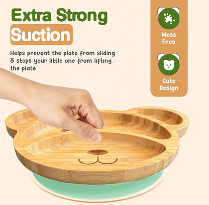 Bamboo Plates for Kids - Baby & Toddler Plates with Suction for Feeding & Weaning, Eco-Friendly Bear Design Promotes Self-Feeding, Ideal for Busy Moms & Dads, Sturdy & BPA-Free (Pink)