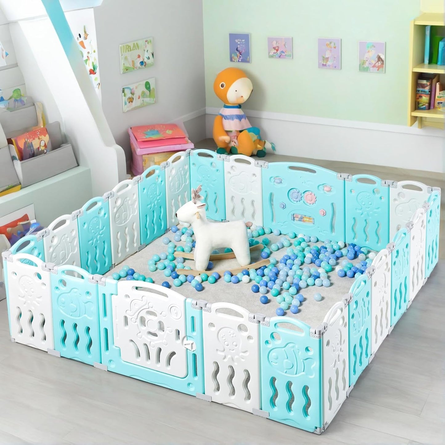 Albott Baby Fence Kid Playpen 18 Panel Albott Play Yard - Foldable Kids Safety Activity Center Playard Safety Lock Gate,Adjustable Shape, Portable Design for Indoor and Outdoor (18 Panel, Grey+White)