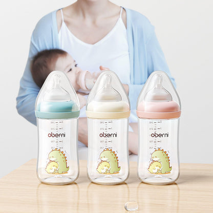 Oberni 240ml Baby Bottles, 8 Oz Wide-Neck Milk Feeding Bottle with Size M Teat for 3-6 Months Newborn Babies Blue/2 Pack
