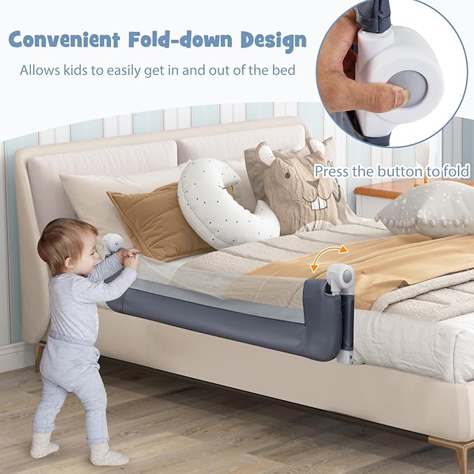 BABY JOY Double Sided Bed Rail Guard, 2 Pack, Extra Long, Swing Down for Convertible Crib, Folding Baby Safety Bedrail for Kids Twin Full Size Queen King Mattress, Rails for Toddlers (Dark Gray, 47")
