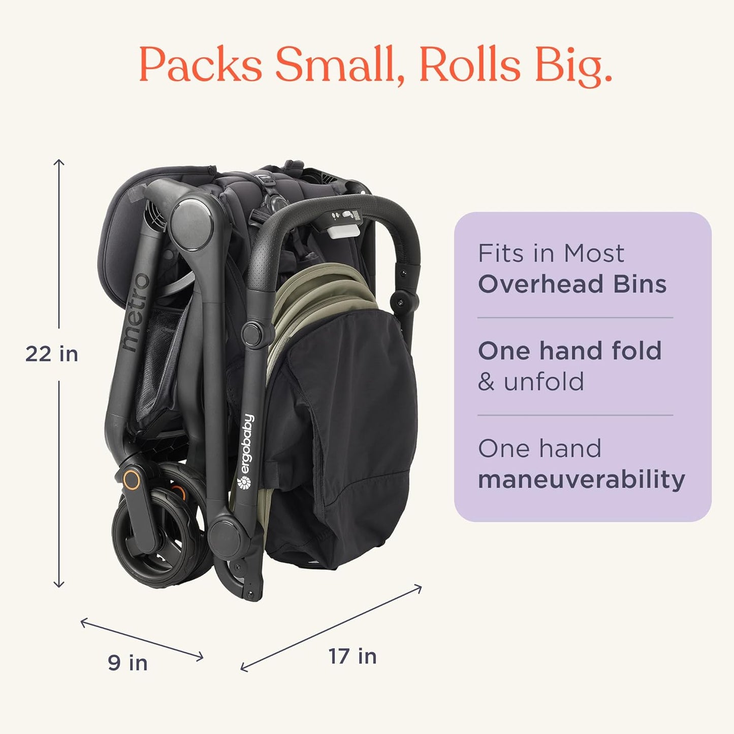 Ergobaby Metro 3 Baby Stroller for Newborns, Infants, and Toddlers - Travel Stroller with One-Hand Fold, Near-Flat Recline, Adjustable Handlebar - Onyx Black