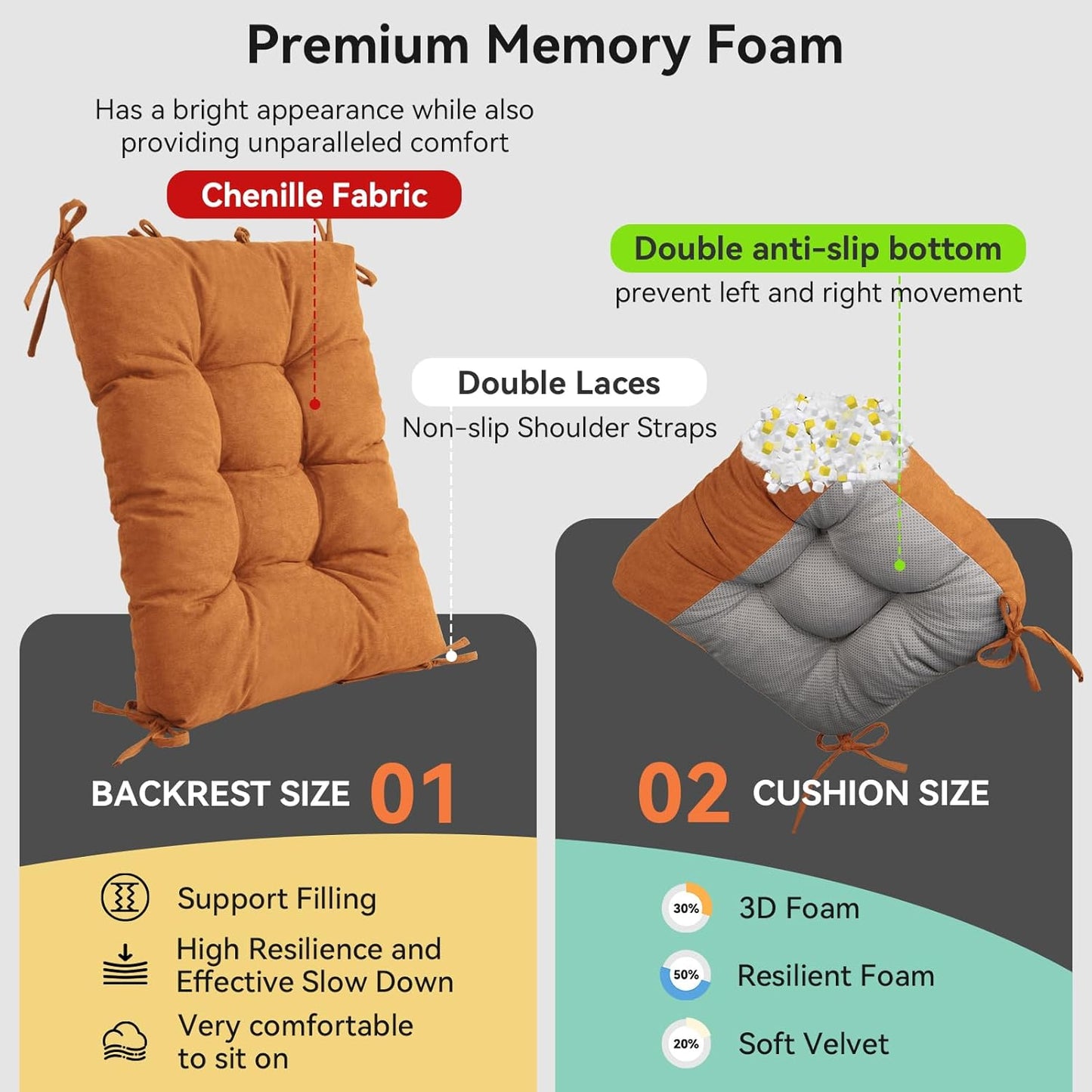 Millsilo Rocking Chair Cushions 3-Piece Set with Neck Pillow, Indoor Rocker Comfortable Tufted Non-Slip Pads with Ties, High-Density Foam Cushion for Adirondack Glider Chair, Orange, 52 x 19 x 4 Inch