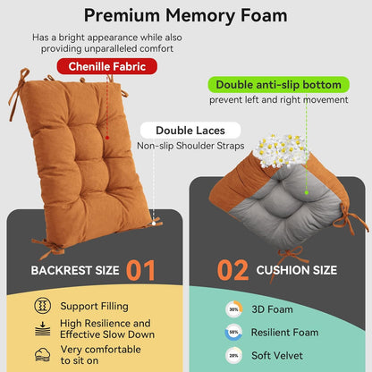 Millsilo Rocking Chair Cushions 3-Piece Set with Neck Pillow, Indoor Rocker Comfortable Tufted Non-Slip Pads with Ties, High-Density Foam Cushion for Adirondack Glider Chair, Orange, 52 x 19 x 4 Inch