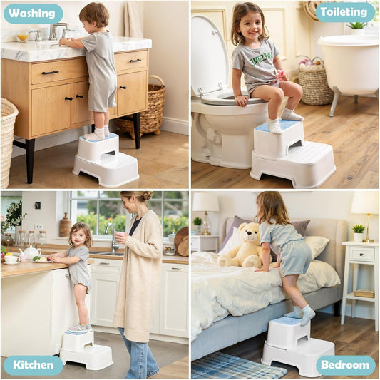 2-Step Toddler Step Stool, Non Slip Kids Step Stool for Bathroom Sink & Toilet Potty Training, Sturdy Stable Base, 10”Height Supports 220 lbs (2Packs White)