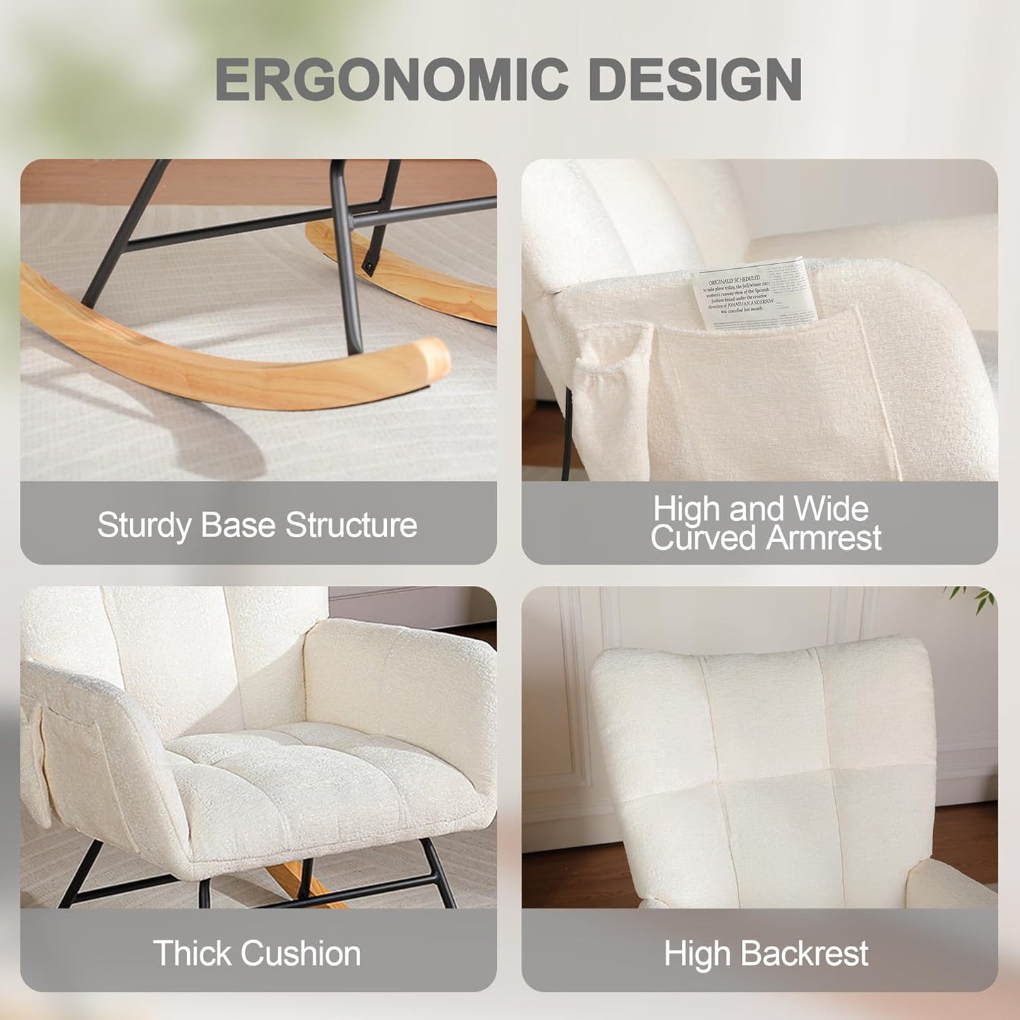 Rocking Chair Nursery with Airbag, Comfy Modern Nursery Rocking Reading Chair indoor with Footrest, Cozy Upholstered Glider Rocker Chairs for Living Room Bedroom Offices(Chenille, Dark Grey)