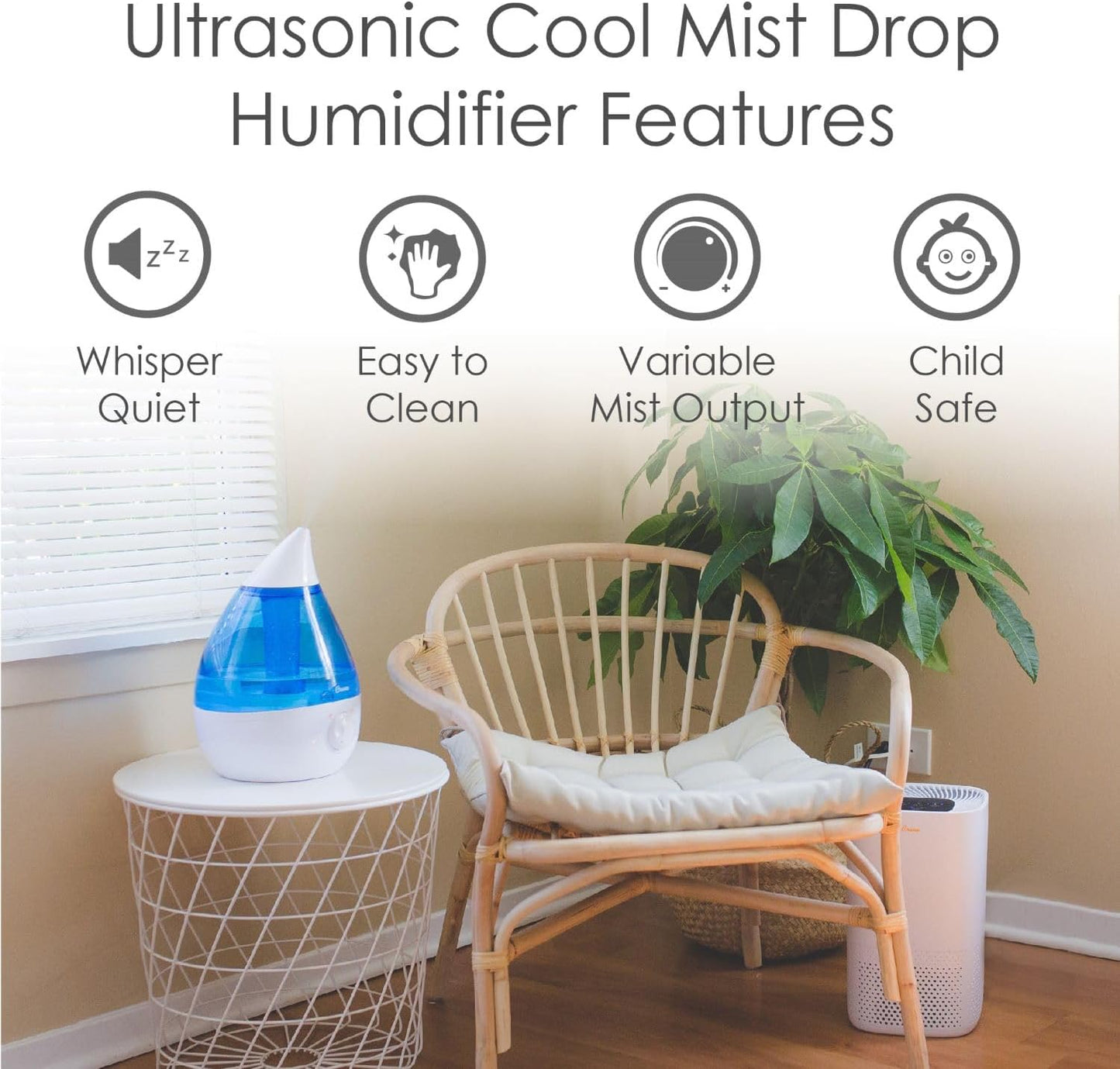 Crane Ultrasonic Cool Mist Humidifier for Bedroom, Baby Nursery, Kids Room, Plants, or Office, Large 1 Gallon Tank, Filter Optional, Clear and White