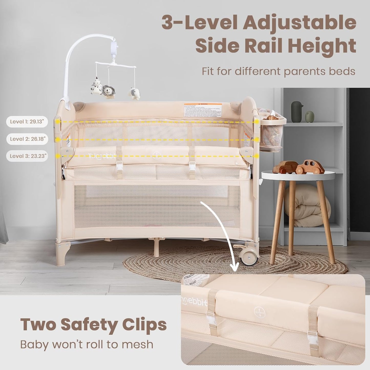 Rinnebbit Baby Bassinets Bedside Sleeper, 4 in 1 Portable Bedside Crib w/Mattress, Diaper Changer, Storage Basket, Music Box, Carry Bag, Foldable Playard Sleeper for Newborn (Light Gray)