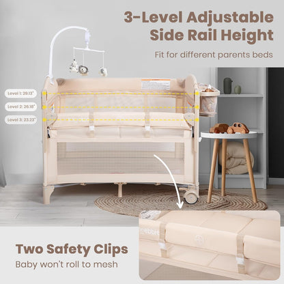 Rinnebbit Baby Bassinets Bedside Sleeper, 4 in 1 Portable Bedside Crib w/Mattress, Diaper Changer, Storage Basket, Music Box, Carry Bag, Foldable Playard Sleeper for Newborn (Light Gray)