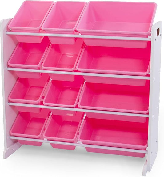 Humble Crew Toy Storage Organizer with 12 Removable Storage Bins for Kids Playroom, 4-Tier Toddler Toy Organization and Storage, White/Pink/Purple/Turquoise
