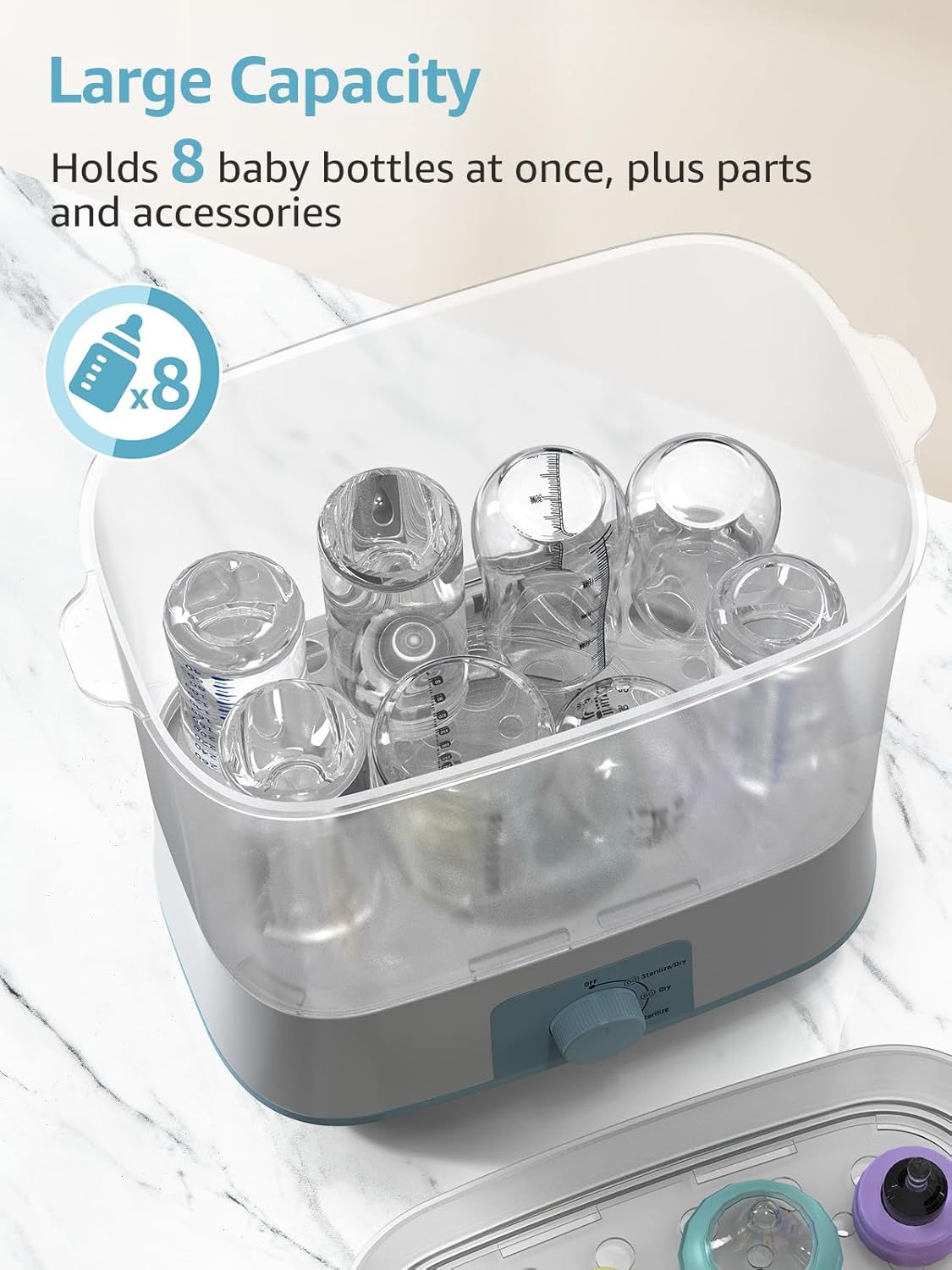 Grownsy Adjustable 4 in 1 Large Bottle Sterilizer and Dryer, 8 Bottles Capacity,Electric Steam Baby Bottle Sterilizer, Sanitizer for Baby Bottles & Pacifiers, Breast Pump Parts