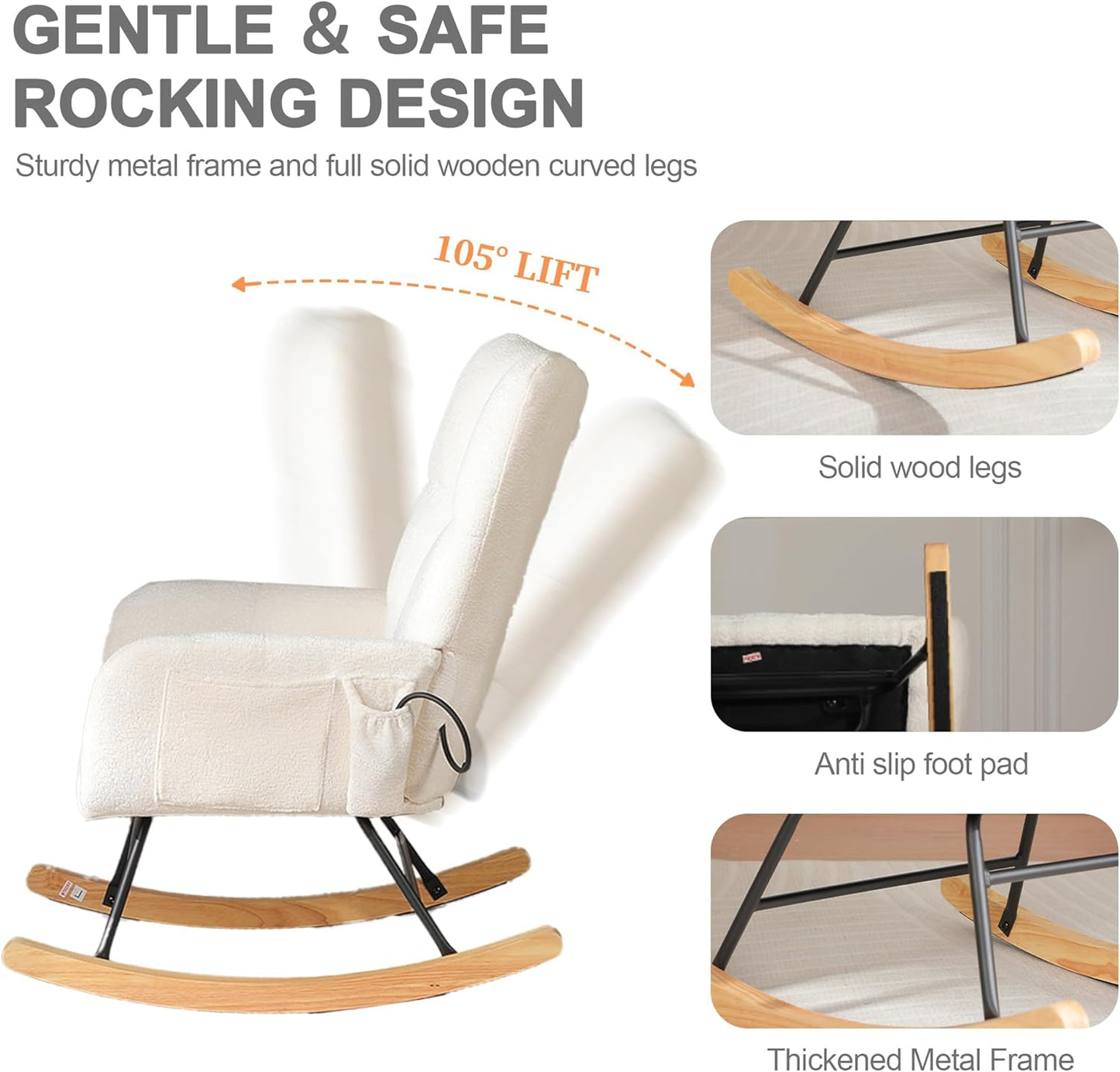 Rocking Chair Nursery with Airbag, Comfy Modern Nursery Rocking Reading Chair indoor with Footrest, Cozy Upholstered Glider Rocker Chairs for Living Room Bedroom Offices(Chenille, Dark Grey)
