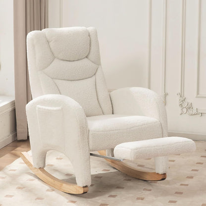 Rocking Chair Nursery with Foot Rest,Upholstered Teddy Glider Rocker with Wood Legs, Nursing Rocking Chair for Living Room/Nursery,Pink
