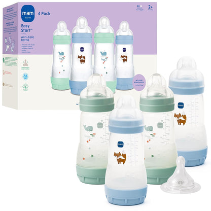 MAM 9oz Easy Start Anti-Colic+ Wide Neck Baby Bottle, Medium Flow Breastfeeding-Like Nipple, Reduces Colic Gas & Reflux, Easy To Clean, BPA Free, 2+ Months, Made In Europe, Bonus Fast Flow Nipple, Boy
