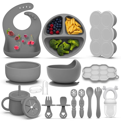 16 Pack Silicone Baby Feeding Set, BPA-Free Baby LED Weaning Supplies, Include Suction Plates, Baby Bowls, Silicone Fork & Spoon, and More, First Stage Baby Food Eating Utensils - 6+ Months(Blue, 16)