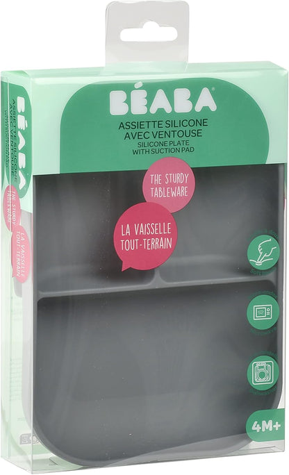 Beaba Silicone Suction Plates for Baby, Made with High Grade Food Safe Silicone, Toddler Dishes, Soft Unbreakable Baby Plates with Suction Bottom, Sage