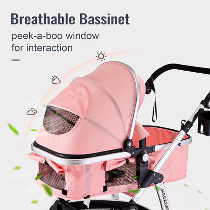 Baby Stroller, 2-in-1 Reversible Toddler Seat with Lie-Flat Mode, Foldable Infant Stroller with Canopy, One Button Brake, Adjustable Handle, Newborn Pushchair (Black B)