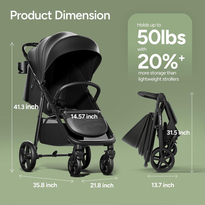 Mompush Nova Infant Baby Stroller for Newborn to Toddler, Oversized Seat up to 50 lbs, All-Terrain 10" Wheels & Suspension, One-Hand Fold; Lie-Flat Mode; UPF 50+ Canopy