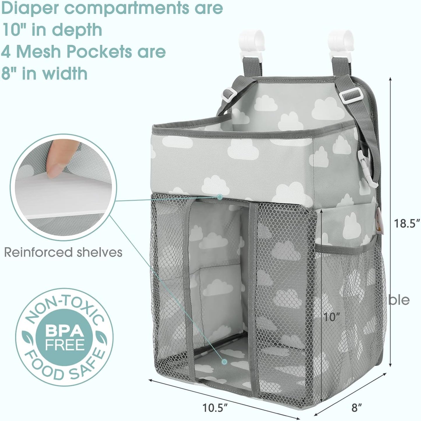 Maliton Changing Table Diaper Organizer - Baby Hanging Diaper Stacker Nursery Caddy Organizer for Cribs Playard Baby Essentials Storage (Gray)