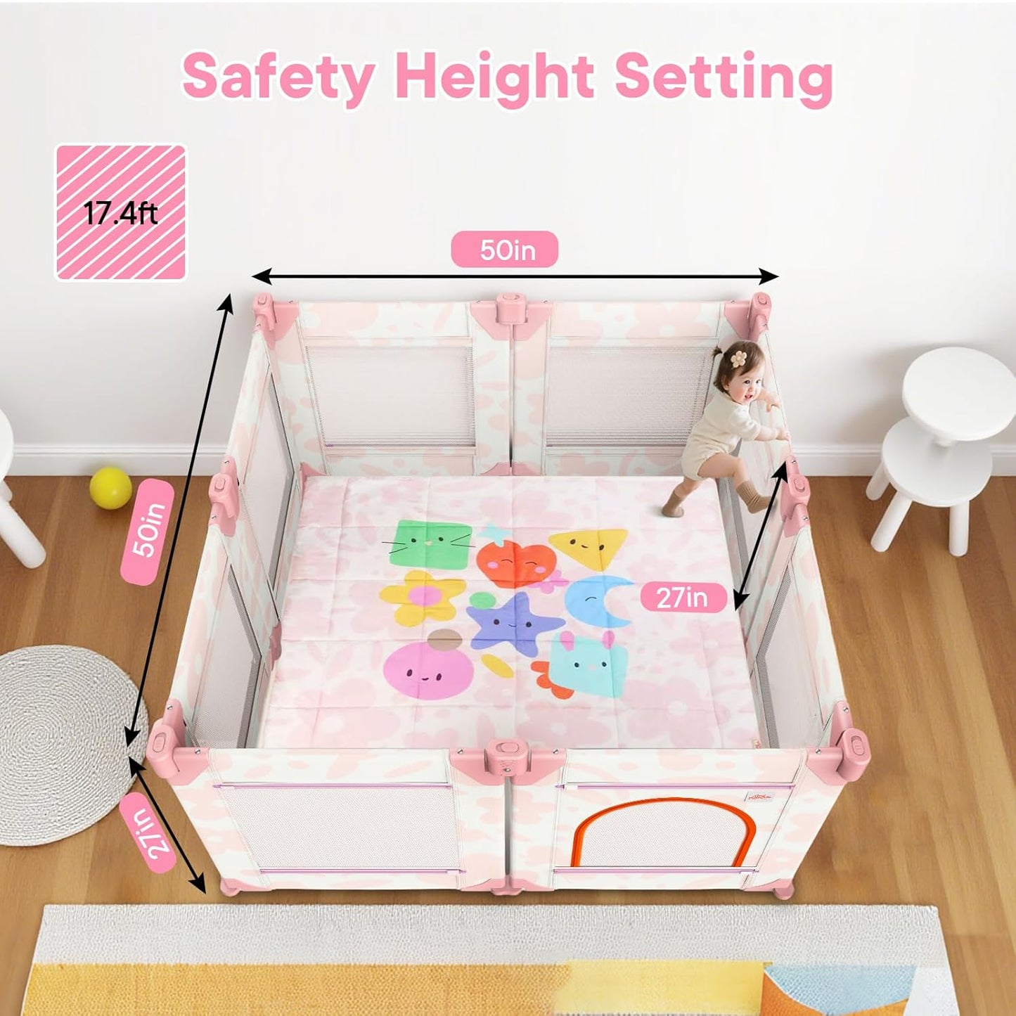 Baby Playpen for Babies and Toddlers, Upgraded 50x50 Inch Foldable No Assembly Required Play Yard with Breathable Mesh, Safe Playard with Gate, Indoor & Outdoor Infants Play Pen (1pc-Sand Checks)