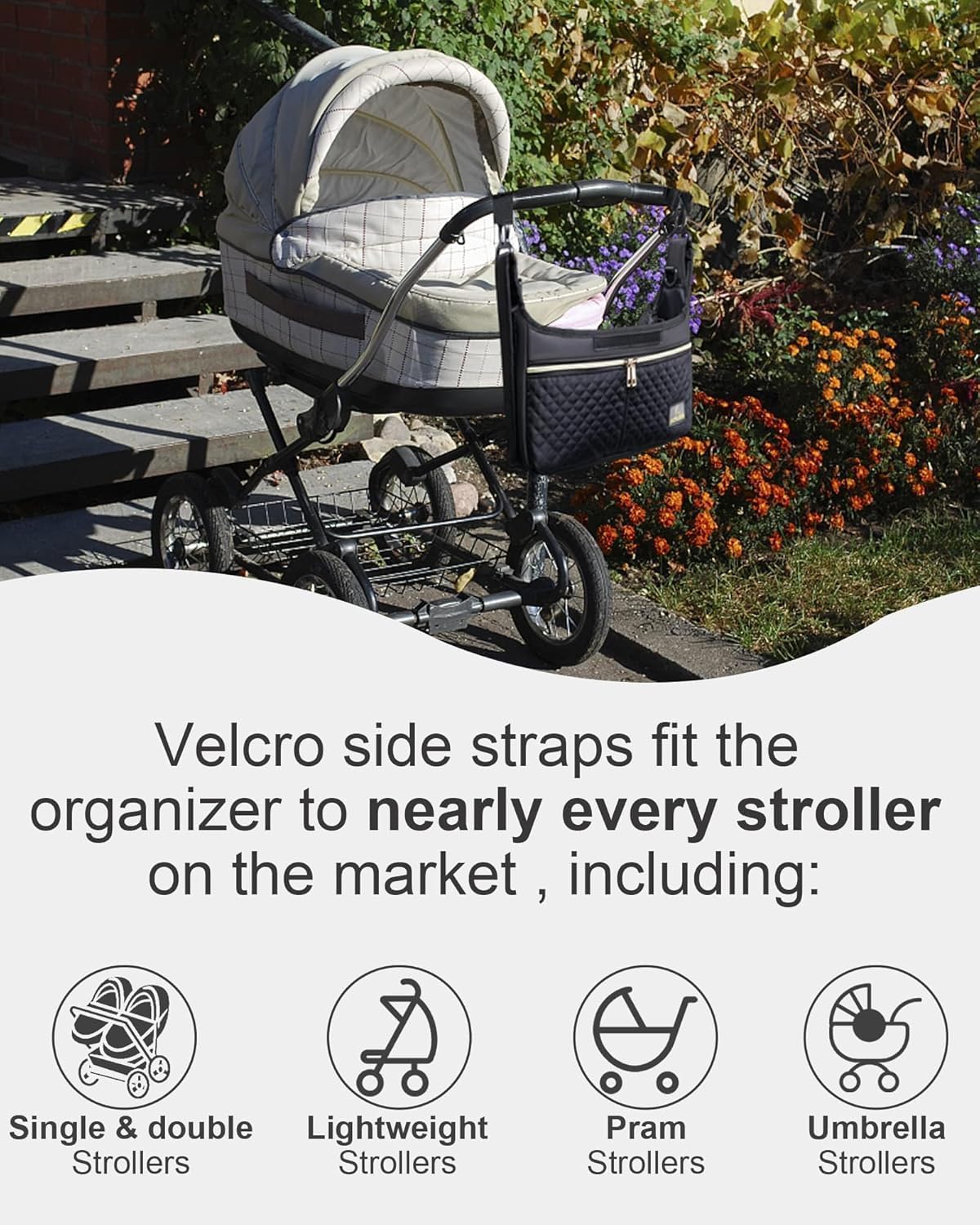 Universal Stroller Organizer Bag, Black Quilted Design with 2 Insulated Bottle Pockets, Multiple Storage Compartments, Tissue Holder, 6 x 4 x 2.5 Inches