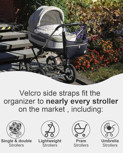 Universal Stroller Organizer Bag, Black Quilted Design with 2 Insulated Bottle Pockets, Multiple Storage Compartments, Tissue Holder, 6 x 4 x 2.5 Inches