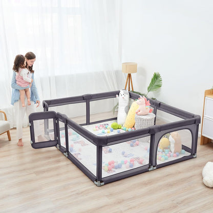 Sweeby Foldable Baby Playpen, Baby Gate Playpens for Babies and Toddlers 79x71 Extra Large Play Yard with Door Fence with Mat and Indoor Play Pen,Light Grey