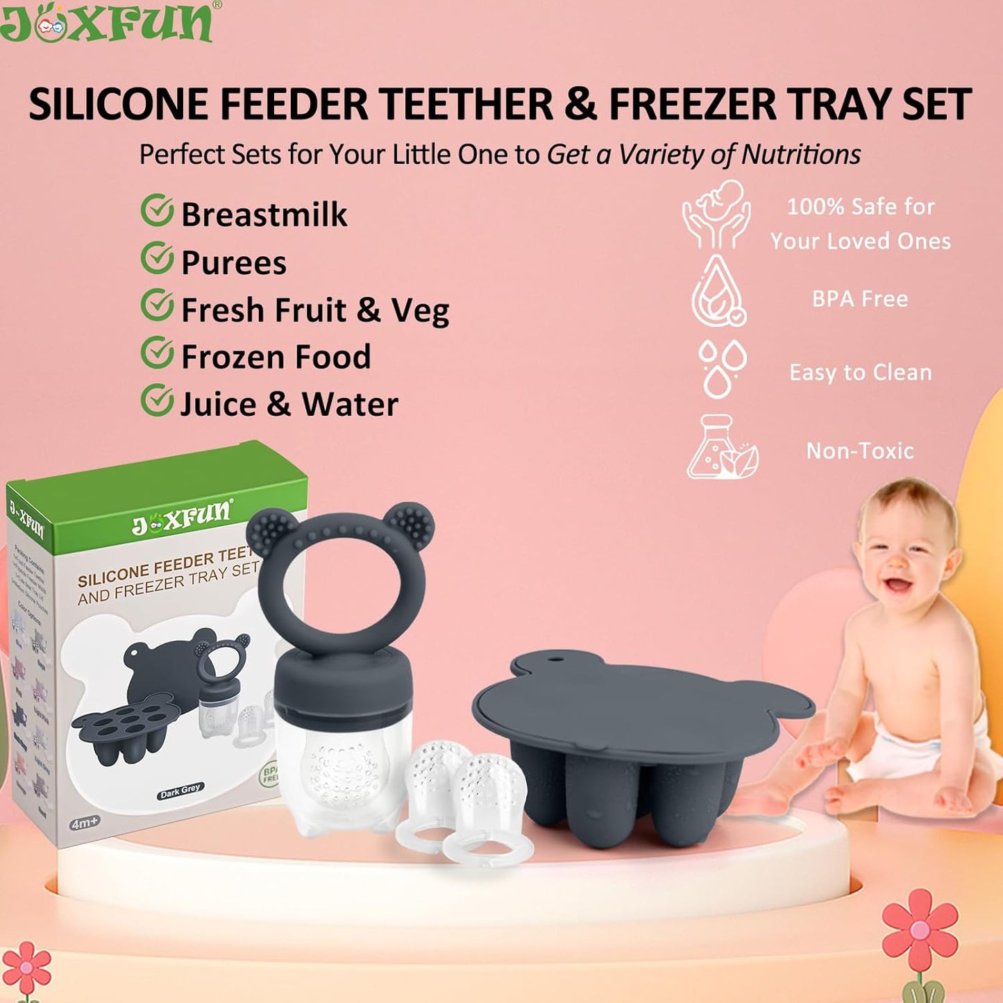 Silicone Baby Fruit Food Feeder & Mini Freezer Nibble Tray, Breastmilk Popsicle Molds for Baby Teething Relief, BPA Free Silicone Teething Toys Feeder for Safe Infant Self Feeding, Extra Food Pouches