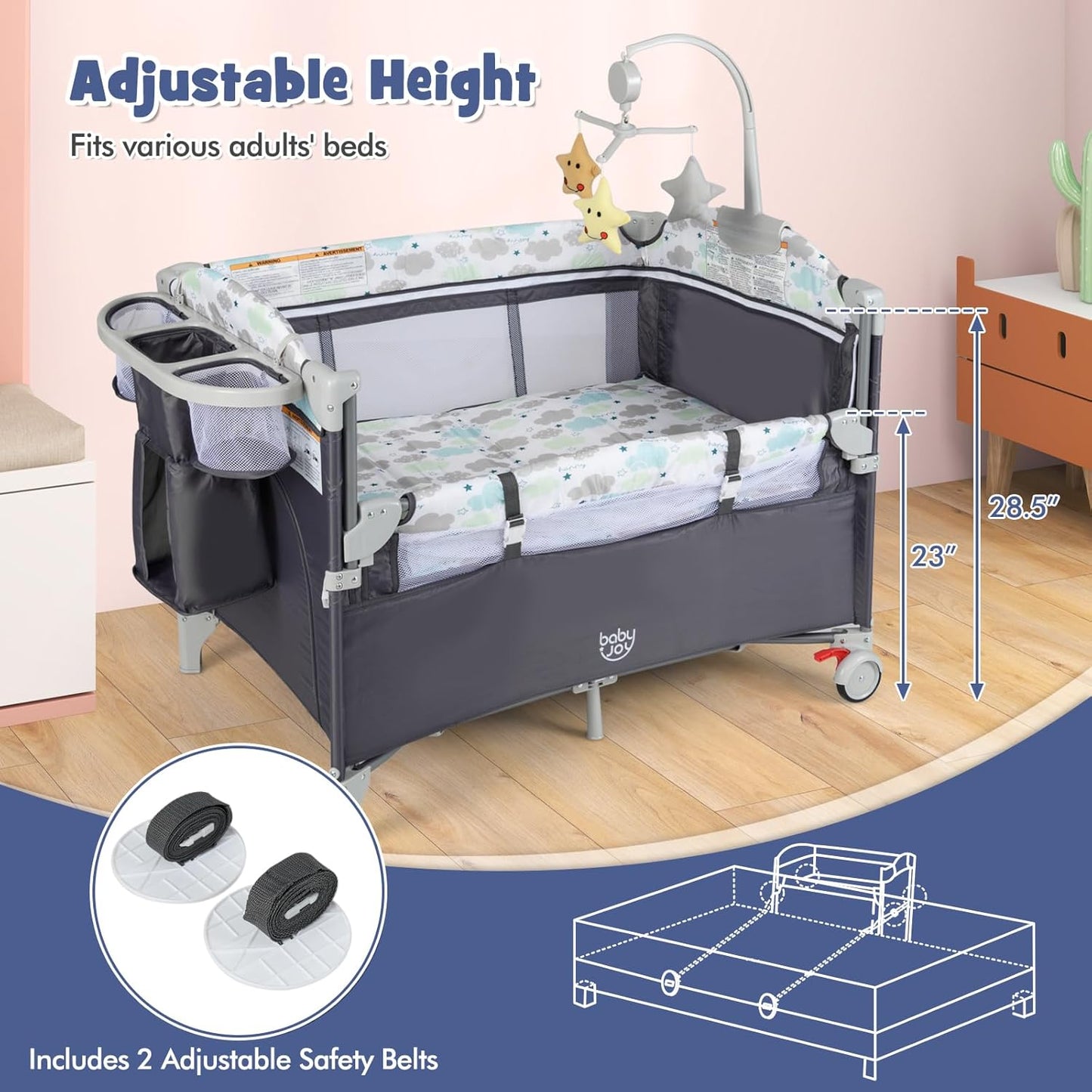 HONEY JOY Pack and Play with Bassinet, 5-in-1 Baby Bedside Sleeper w/Diaper Changing Table & Storage Bag, Toy Arch & Music Box, Detachable Side Rail, Portable Baby Play Yard w/Carry Bag(Gray)