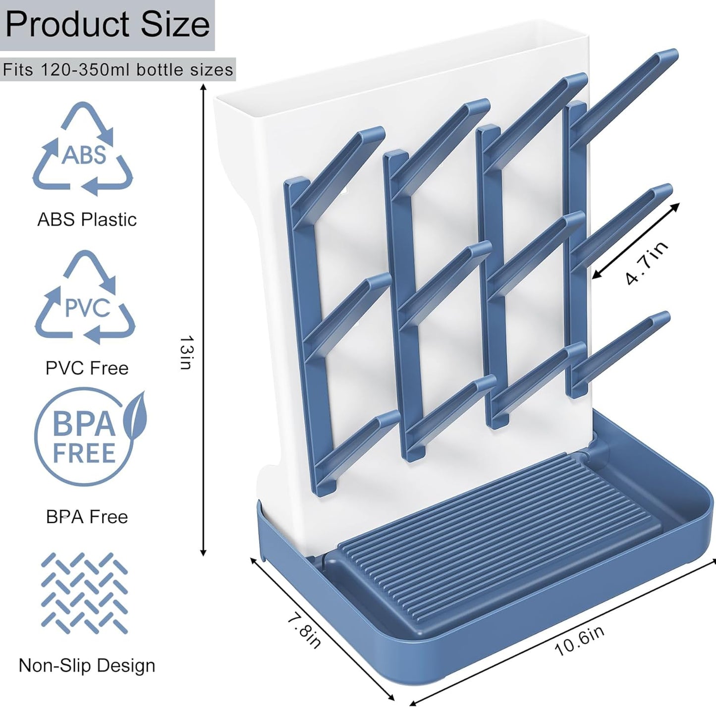 Baby Bottle Drying Rack, Vertical Bottle Rack Dryer Space Saving Bottle Drying Rack Countertop Organizer with Brush Holder for Bottles & Baby Accessories Pacifiers and Pump Part- BPA-Free(Blue)