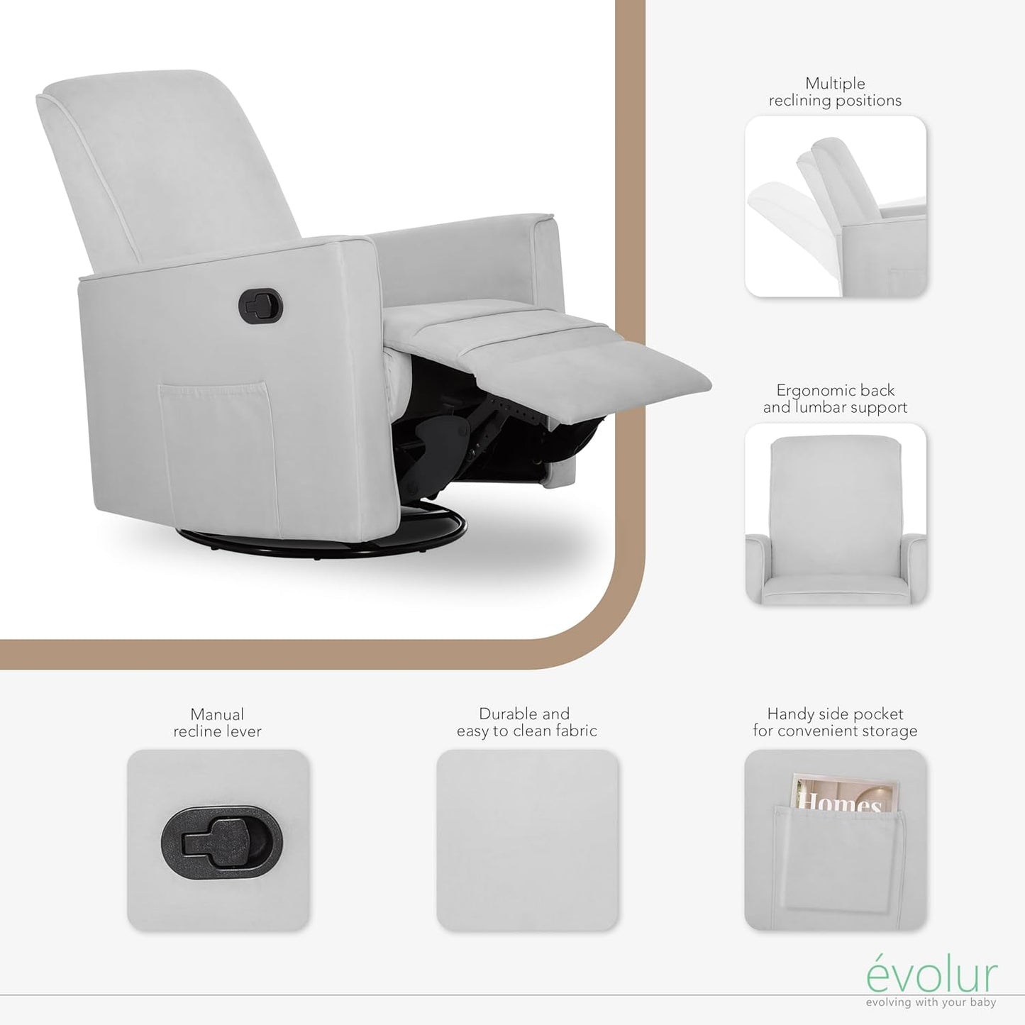 Evolur Raleigh Upholstered Manual Glider Recliner– Rocking & 360° Swivel with Smooth Glide – Greenguard Gold & FSC Certified – Modern Nursery and Living Room Chair in Light Sand