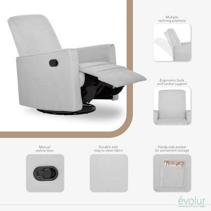 Evolur Raleigh Upholstered Manual Glider Recliner– Rocking & 360° Swivel with Smooth Glide – Greenguard Gold & FSC Certified – Modern Nursery and Living Room Chair in Light Sand