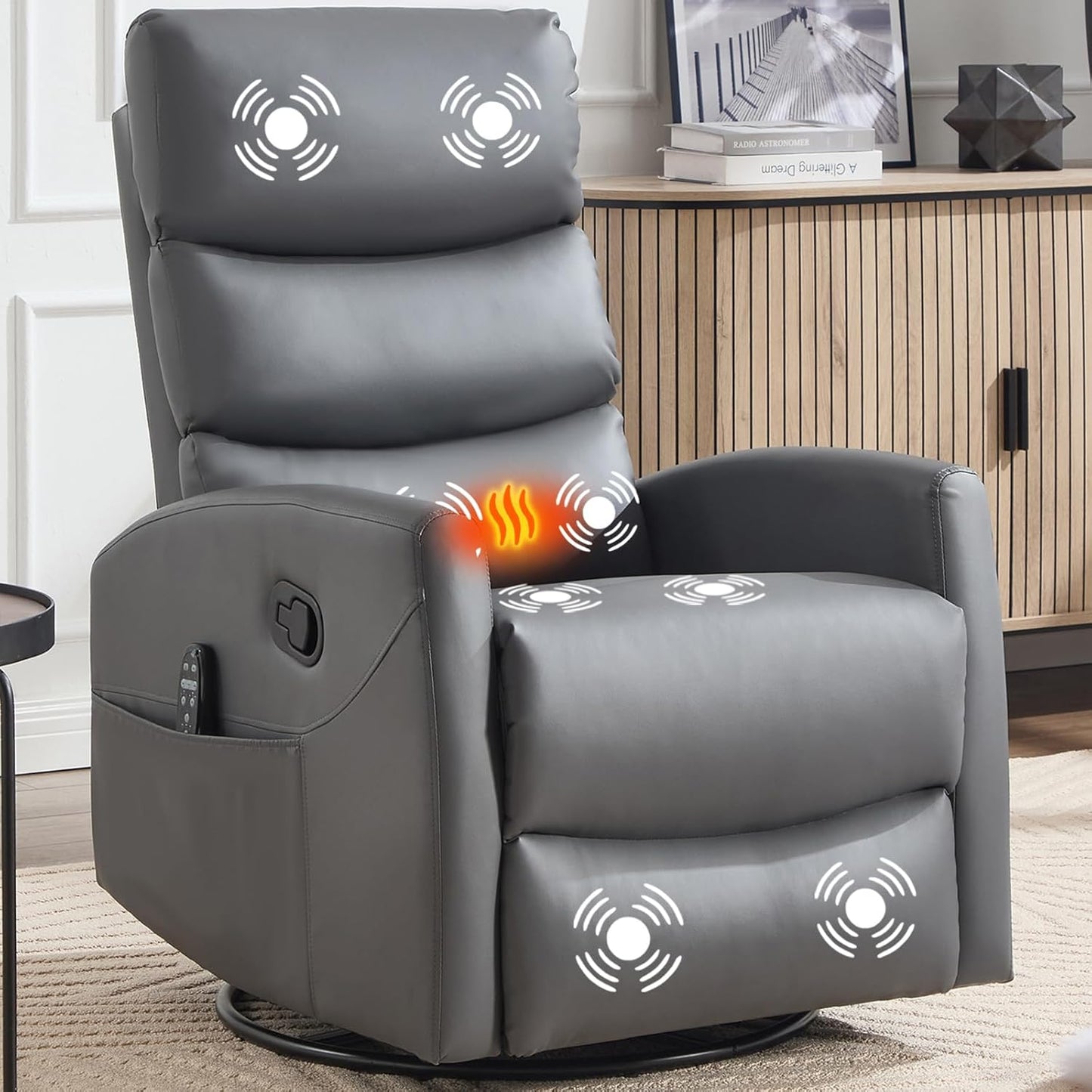 Massage Chair Recliner with Heat, Swivel Rocking Chair Recliner with High Back, Manual Nursery Recliners for Adults,Small Recliner Chair for Small Spaces, Living Room Bedroom, Fabric (Blue Green)