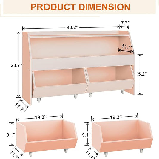Fulhope Toy Storage Organizer for Kids, Toy Storage Cabinet with Drawers, Boys and Girls Toy Shelf with Wheels, Toy Organizer Kids Bookshelf with Storage for Nursery, Playroom, Bedroom (Light Pink)