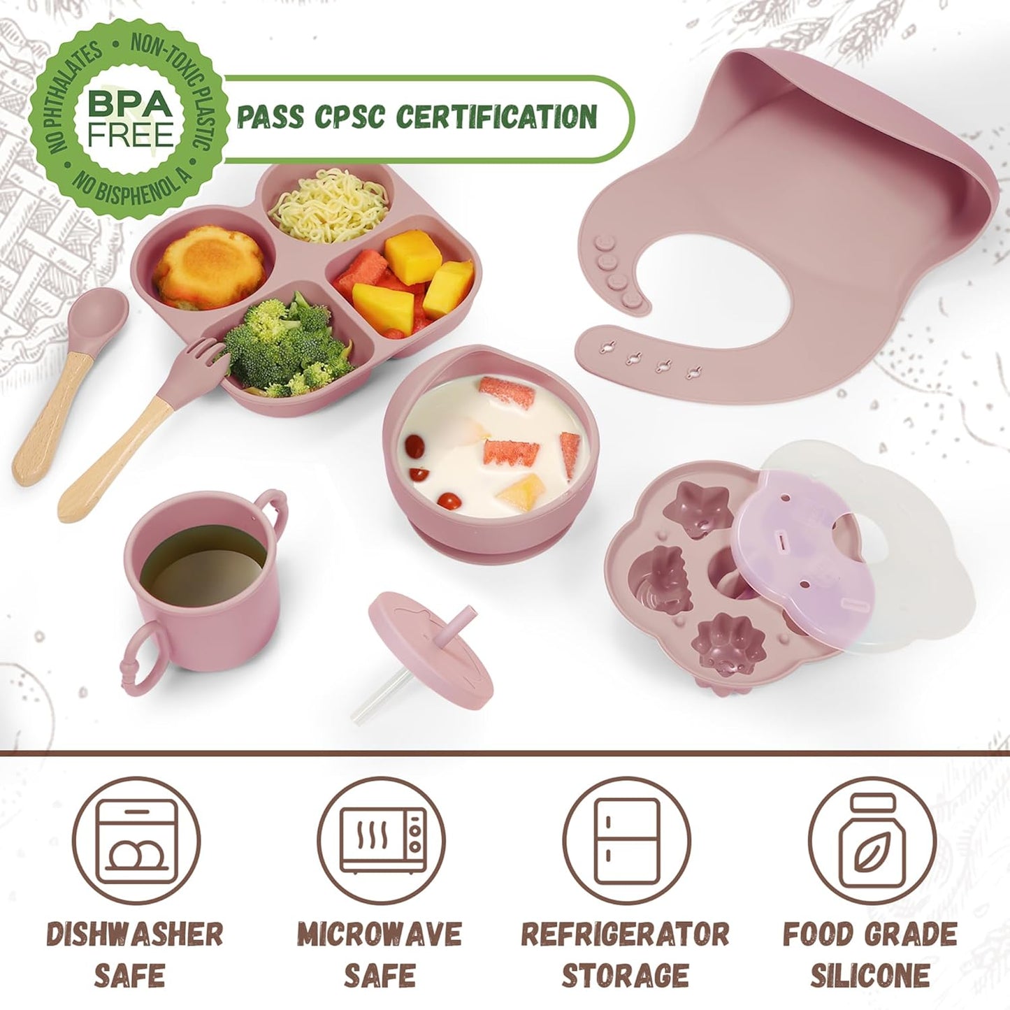 Silicone Baby Feeding Set, Baby Led Weaning Supplies, Baby Food Tableware Silicone Suction Plate, Bowl, Spoons, Fork, Waterproof Bib, Cup & Complementary Food Cake Mold, Baby Eating Utensils
