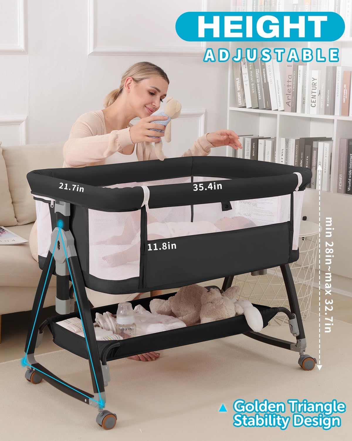 Bedside Bassinet for Baby, 3 in 1 Breathable Mesh Baby Bassinet, 6 Height Adjustable, Easy to Assemble, Bassinet Bedside Sleeper with Wheels, Mosquito Net, Storage Basket, Bassinets for Newborn Baby | Multi-functional