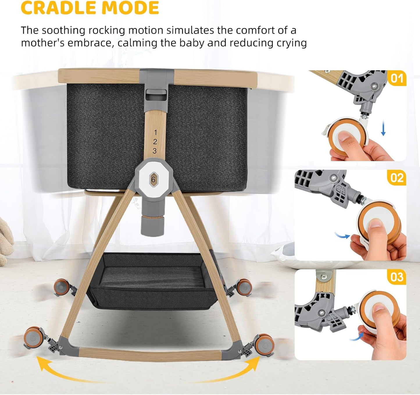 Bassinet Bedside Sleeper,Bedside Bassinet,Rocking Bassinet,3 in 1 Portable Bedside Crib with Mattress,Mobile,Mosquito Net,Storage Basket,6-Height Adjustable Baby Bassinet with Wheels for Newborn,Beige