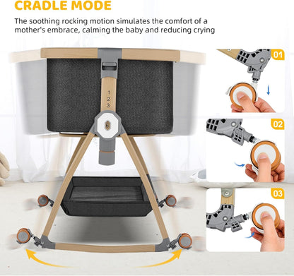 Bassinet Bedside Sleeper,Bedside Bassinet,Rocking Bassinet,3 in 1 Portable Bedside Crib with Mattress,Mobile,Mosquito Net,Storage Basket,6-Height Adjustable Baby Bassinet with Wheels for Newborn,Beige
