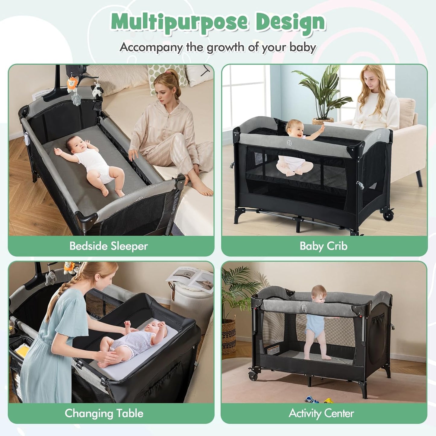 HONEY JOY Baby Bedside Sleeper, 6-in-1 Pack and Play w/Infant Bassinet, Diaper Changing Table & Portable Play Yard, 3 Adjustable Heights, Music Box & Side Storage Bag, Carry Bag(Black)