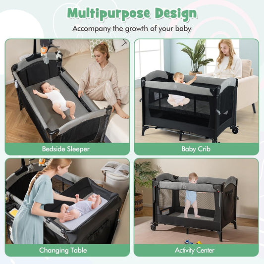 HONEY JOY Baby Bedside Sleeper, 6-in-1 Pack and Play w/Infant Bassinet, Diaper Changing Table & Portable Play Yard, 3 Adjustable Heights, Music Box & Side Storage Bag, Carry Bag(Black)