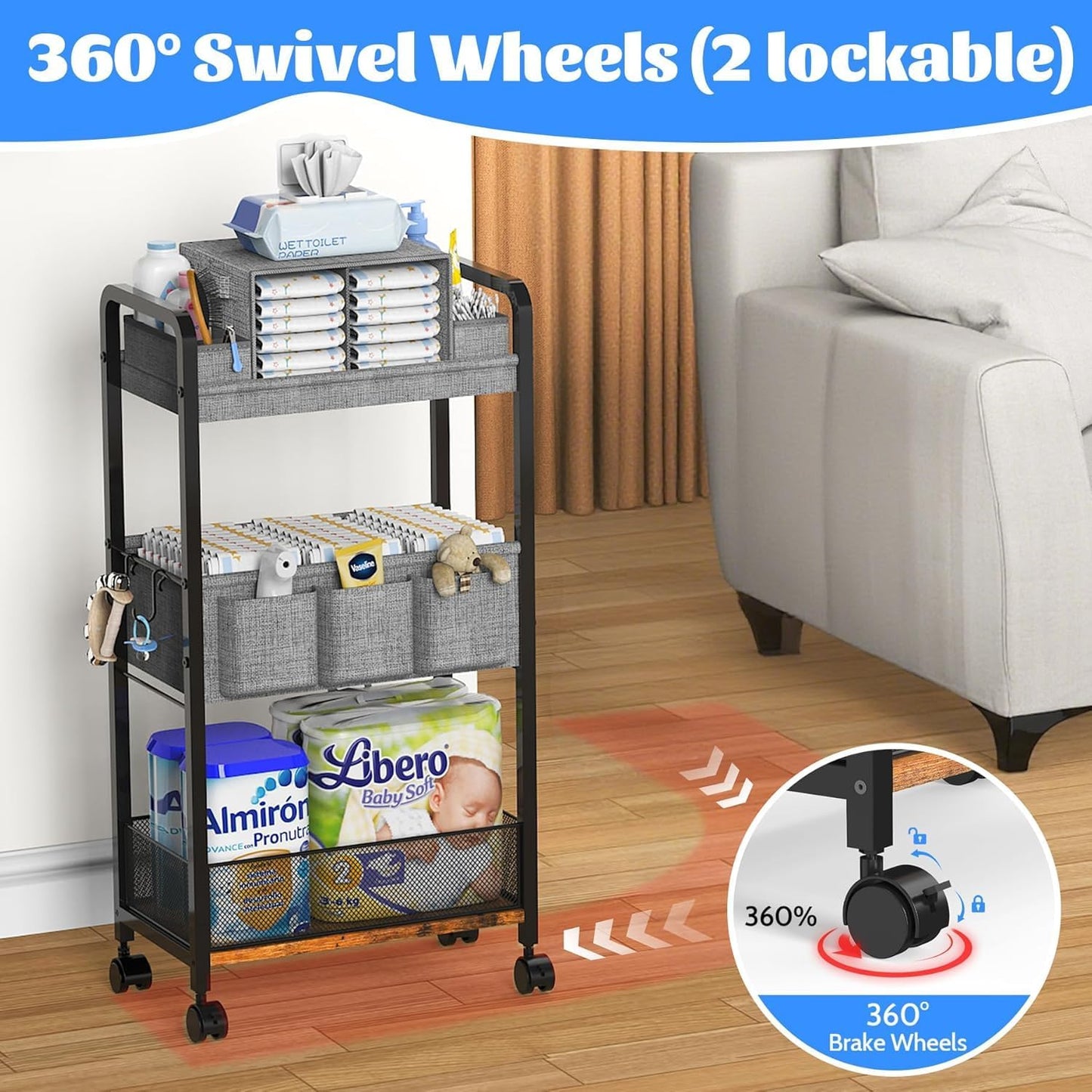 2IN1 Baby Diaper Caddy Organizer & 4-Tier Rolling Cart, Bedside Cart for Baby Essentials Nursery With Drawers, Metal Mobile Diaper Caddy Cart with Wheels, Storage Basket with Dividers for Baby Shower