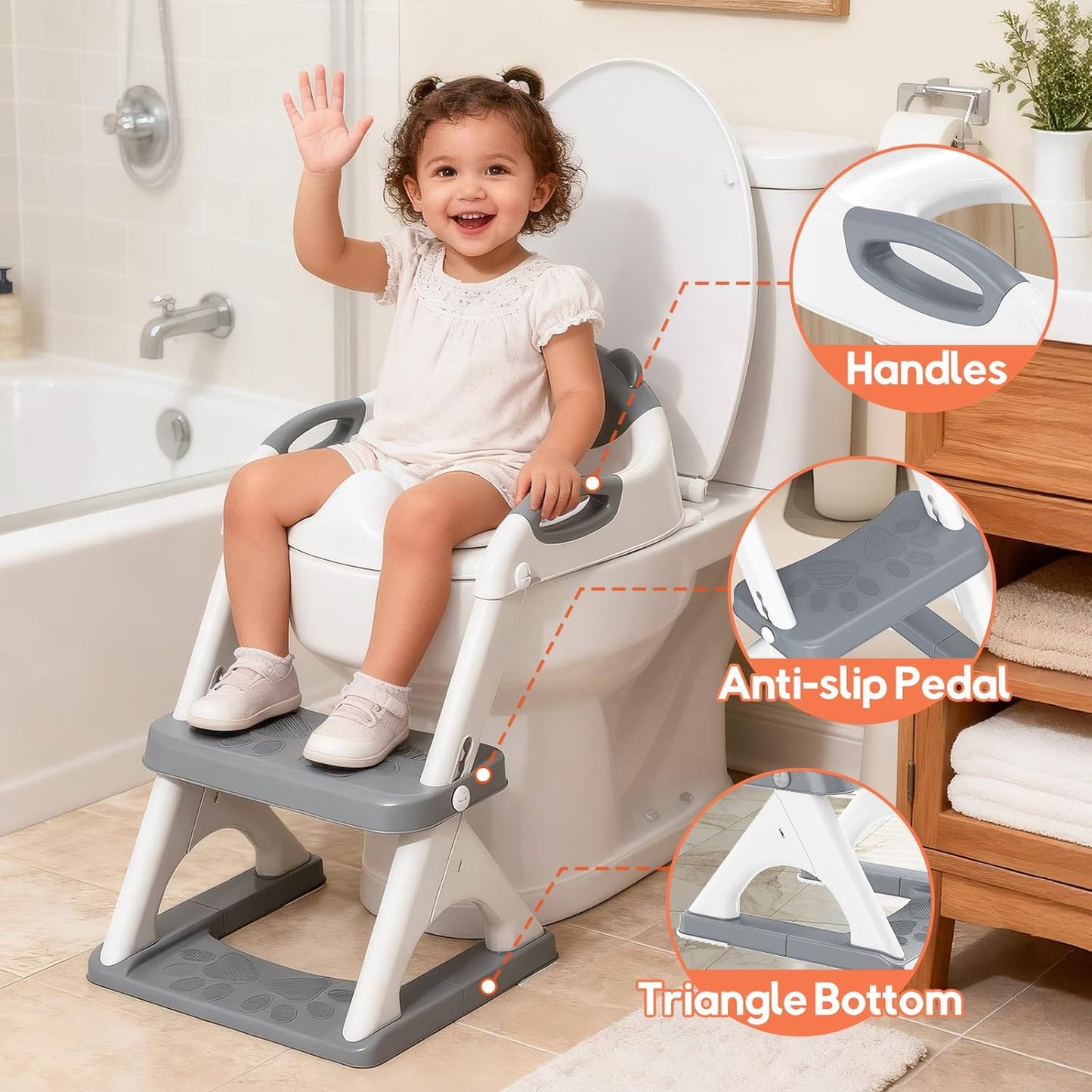 Potty Training Seat, SKYROKU Upgrade Toddler Toilet Seat for Kids Boys Girls, 2 in 1 Potty Training Toilet, Splash Guard Anti-Slip Pad Step Stool,New Sector-Shape Stabilized Base (8899+Grey)