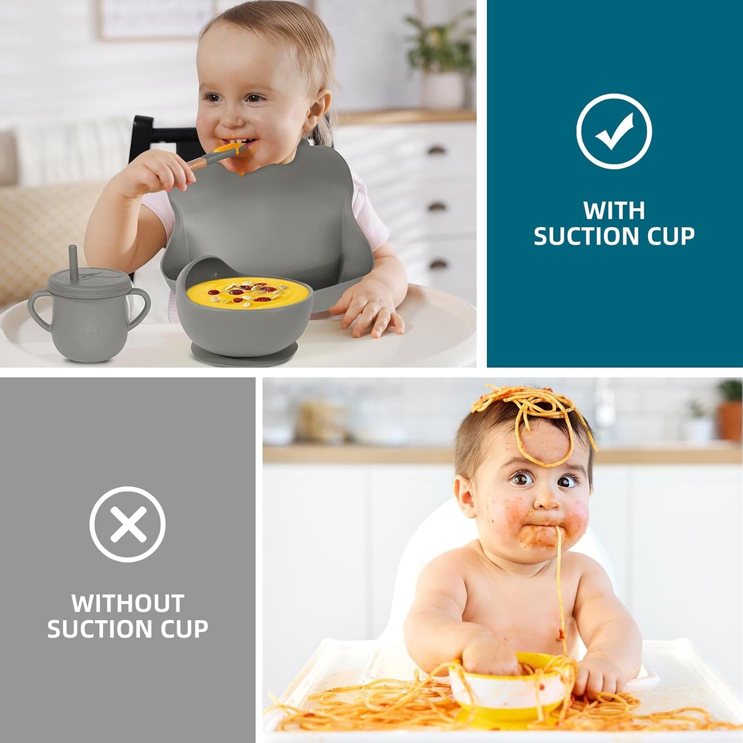100% Silicone Baby Feeding Set, BPA Free Baby Dishes with Suction Bowl, Divided Plate, Toddler Self Feeding Dish Set with Spoons, Forks, Sippy Cup and Bib, Baby Eating Utensils (Navy Blue)