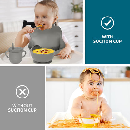 100% Silicone Baby Feeding Set, BPA Free Baby Dishes with Suction Bowl, Divided Plate, Toddler Self Feeding Dish Set with Spoons, Forks, Sippy Cup and Bib, Baby Eating Utensils (Navy Blue)