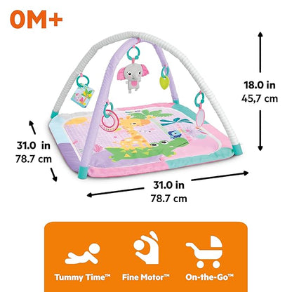 Bright Starts Wild Wiggles Sweet Safari Foldaway Baby Play Gym & Mat, Foldable with 5 Removable Toys, Machine-Washable Mat, for Ages 0-36 Months