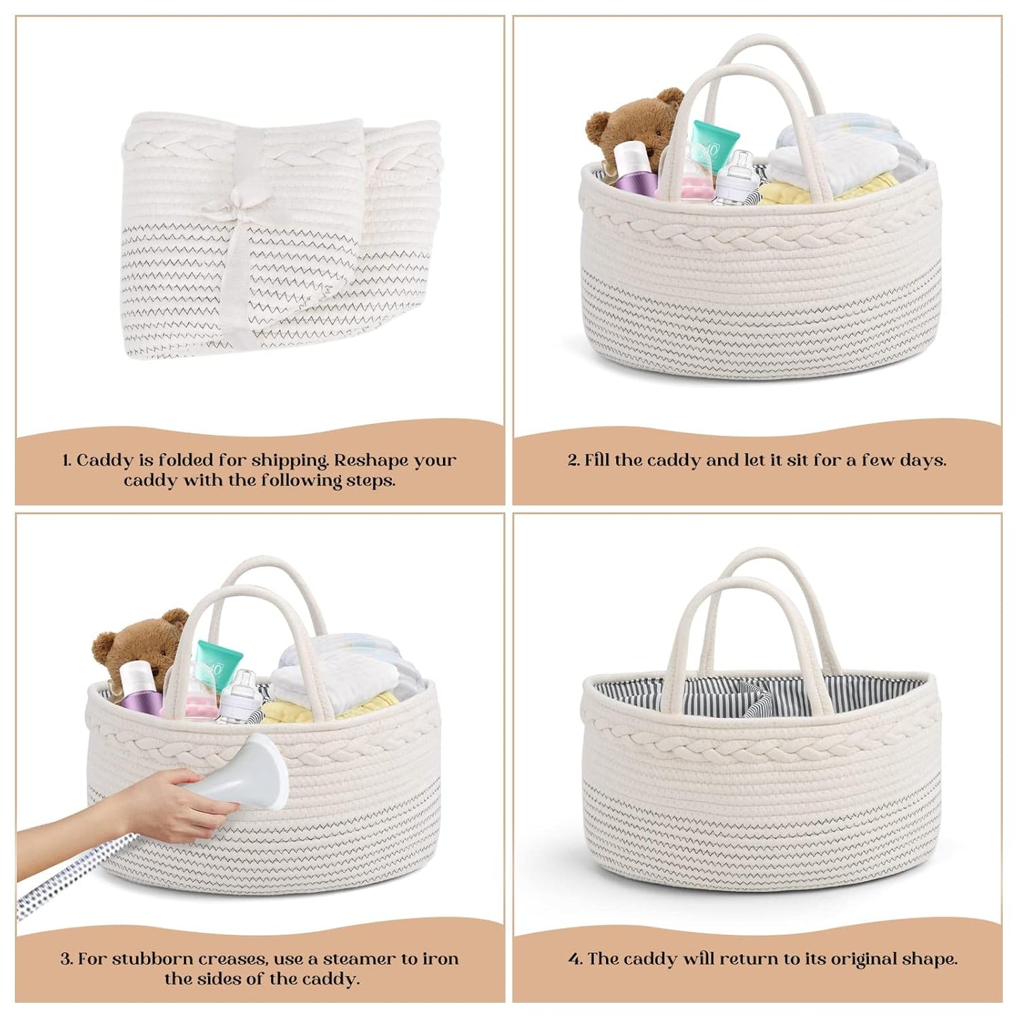 luxury little Diaper Caddy Organizer, Large Cotton Rope Nursery Baby Basket, Changing Table Organizer for Baby Diaper Storage, Portable Car Organizer Removable Divider (Off White, Large)
