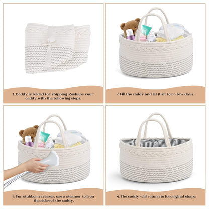 luxury little Diaper Caddy Organizer, Large Cotton Rope Nursery Baby Basket, Changing Table Organizer for Baby Diaper Storage, Portable Car Organizer Removable Divider (Off White, Large)