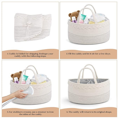 luxury little Diaper Caddy Organizer, Large Cotton Rope Nursery Baby Basket, Changing Table Organizer for Baby Diaper Storage, Portable Car Organizer Removable Divider (Off White, Large)