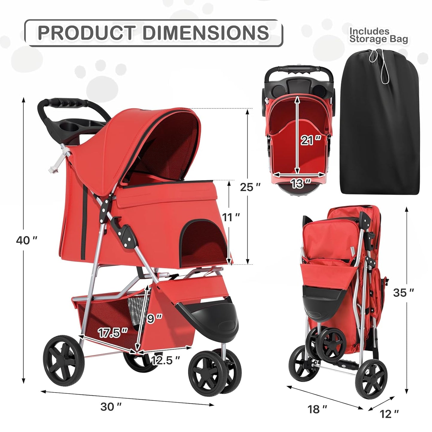 MoNiBloom Foldable Pet Stroller with Weather Cover, 3 Wheels Pet Strolling Cart for Small/Medium Dogs and Cats with Storage Basket and Cup Holder, Breathable and Visible Mesh for All-Season, Black